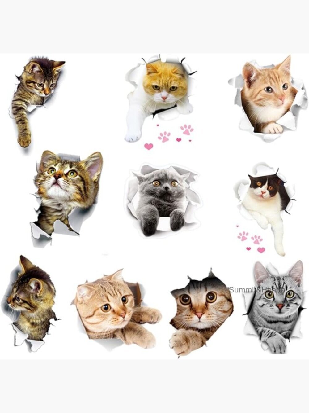 11-Piece 3D Cartoon Cat Wall Stickers, Removable PVC Nursery Decor